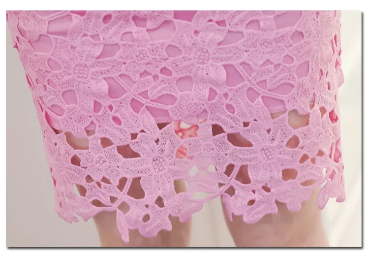 Women Lace Set O Neck Crop Tops And Skirt Hollow Out Female Suit White Blue Pink 2 Pieces (20)