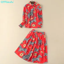 QYFCIOUFU High Quality Designer 2 Piece Set Women Long Sleeves Tops And Blouses Runway Casual Animal