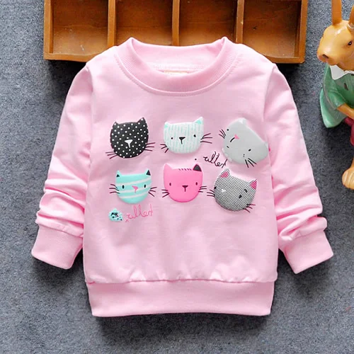 Новое поступление свитеров для маленьких девочек детские толстовки с капюшоном на зиму, весну и осень свитер с длинными рукавами с изображением 6 кошек детская футболка, одежда - Цвет: Pink cats