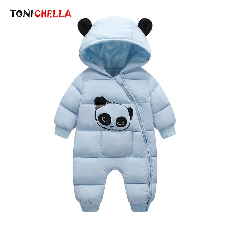 

Baby Snow Wear Cute Cartoon Panda Pattern Design Hooded Long Sleeve Warm Outwear Kid's Overalls Romper Winter Jumpsuit CL5587