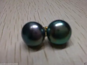

free shipping stunning A pair of natural 9.5-10mm tahitian black pearl earring 14k/20 yellow Gold