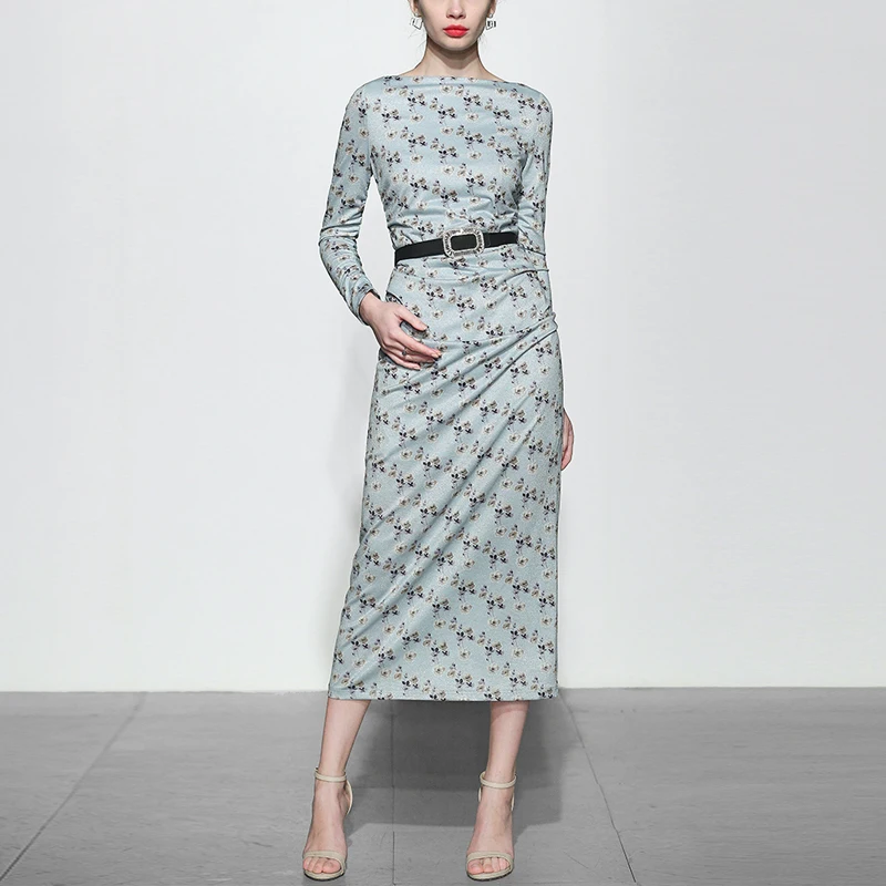 

Spring Designer Runway Dress Women Vintage Blue Floral Printed Dress Long Sleeve A-line Midi Dress 2019