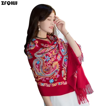

ZFQHJJ 2018 Women Cashmere Embroidery Scarf Winter Spring Chinese Flower Retro Muslim Hijab Scarves Large Long Big Pashmina