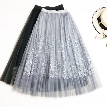 

2018 women girl leaf embroidery skirt A word skirts pleated skirt