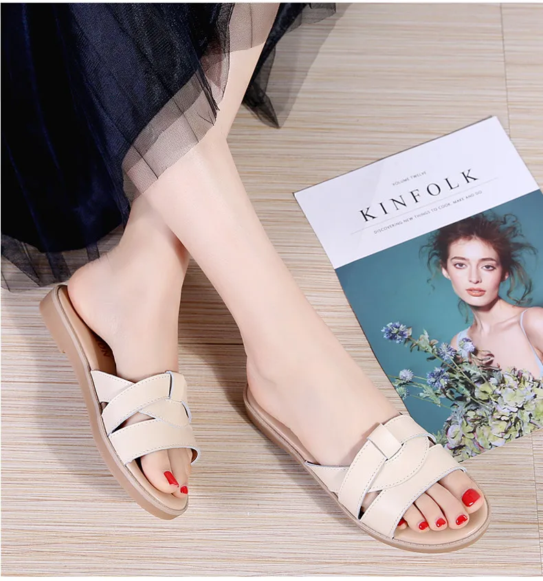 2019 Summer women slippers slip on round toe flat slides sandals women white black leather slippers flip flops slippers  (13)