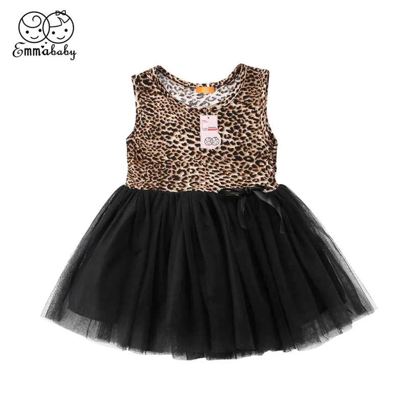 

Cute Kids Sleeveless Dress For Girls New 2018 Summer Children Tulle Dresses Baby Girl Black Leopard Pattern Glitter Waist Dress