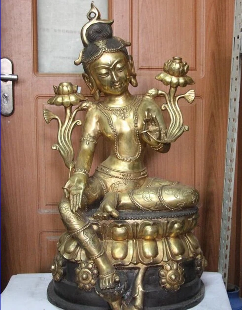 

song voge gem S1202 Tibet Buddhism Fane Copper Bronze Kwan-yin Guanyin Green Tara Bodhisattva Statue