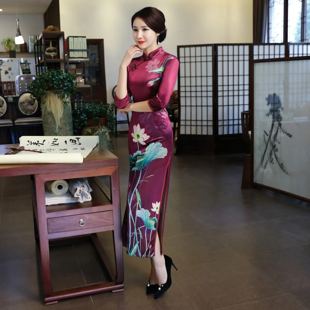 8 стилей, женские элегантные длинные платья, китайский стиль, с принтом, бархатные, Qipao, тонкие, с высоким Чонсам с высоким разрезом, винтажные, с воротником-стойкой, Vestidos