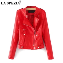 LA SPEZIA Biker Jacket Women Red Artificial Leather Jackets Ladies Belt Rivet Slim Fit Motorcycle Solid Punk Autumn Zipper Coats