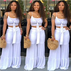 white two piece set Adogirl, Одноцветный женский летний повседневный комплект из двух предметов, с завязками спереди, на тонких бретелях, укороченный топ+ широкие штаны, праздничный пляжный костюм, наряды - Цвет: white two piece set