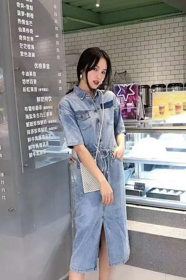 Bodycon Plus Size Denim Dress Women Summer Short Sleeve Sashes Elastic Waist Turn-down Collar Dresses Casual Loose Jeans Dress
