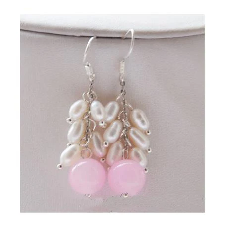 

Elegant 100% Genuine Freshwater Pearl Dangle Earrings For Women,Pink Stone Grape Pearl 925 Silver Jewellery