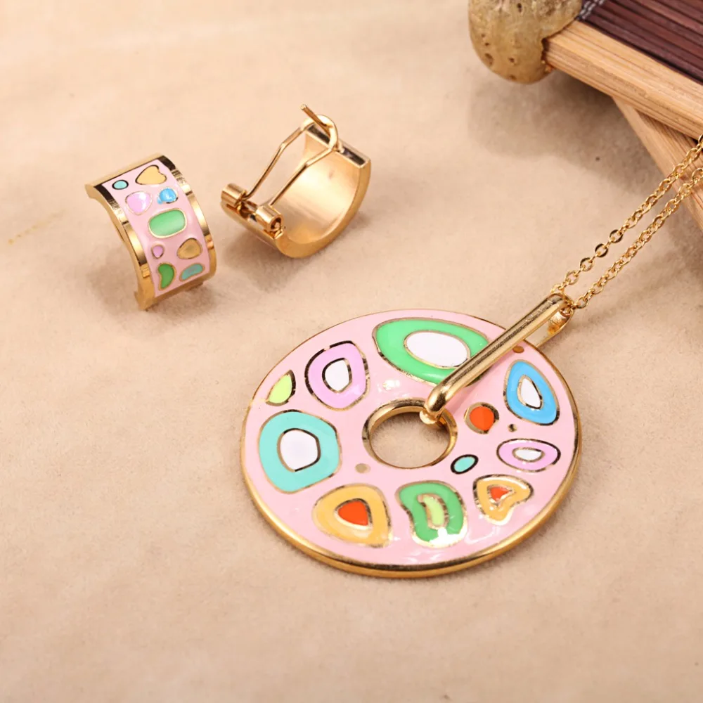 Round Graphics Cute  Necklace for Women Earring Sets  Love Pendant Long Stainless Steele Chains
