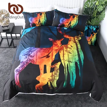 

BeddingOutlet Elk Home Textile Night Forest Duvet Cover With Pillow Case Black Shadow Moon Bedding Set Animal Bed Linens Queen