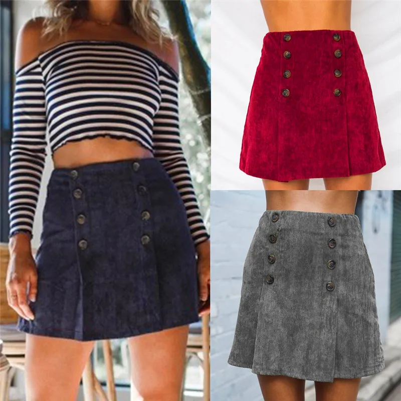 

Fashion hot new Women Solid short skirt Double-breasted High Waist Sexy Bodycon Casual Mini Skirt work office Navy Red Gray 2019