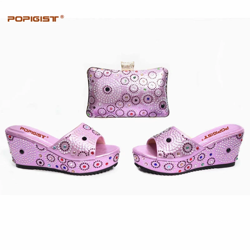 Lilac Color Latest Party Shoes and Bag Sets Decorated with Rhinestone