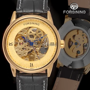

Famous brand Forsining FSG8046M3G1 new Automatic gold color men wristwatch black leather strap shipping free