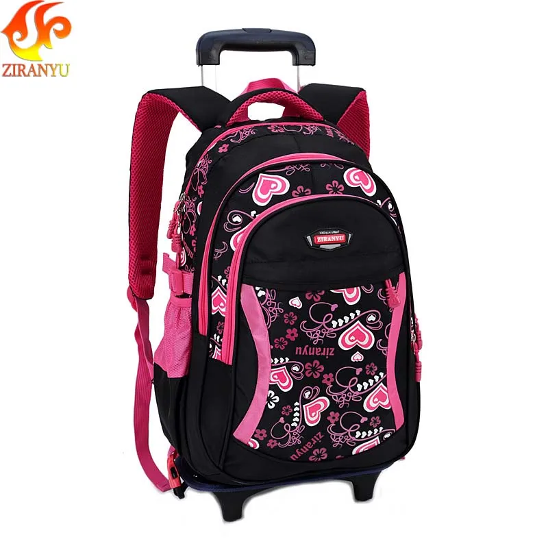 

ZIRANYU Double-wheel Trolley Backpack For Children Fashion Heart-shaped Pattern School Bag Detachable Backpack For Girls
