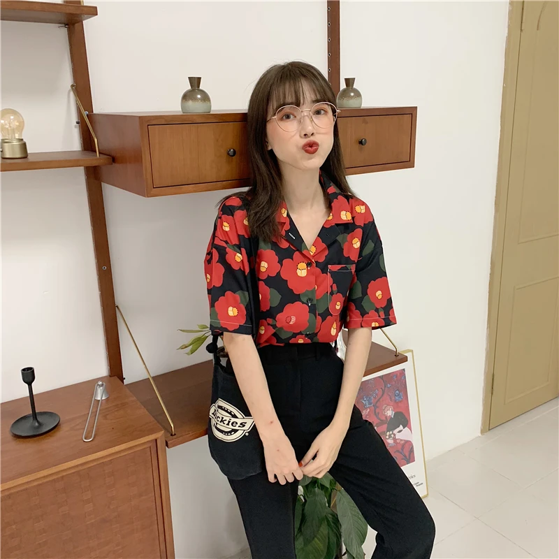 Винтажная Цветочная рубашка с коротким рукавом женские рубашки Kawaii женский Ulzzang