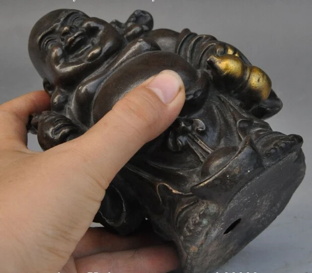 

S0145 6" china Buddhism Bronze gilt wealth gold bag gourd happy Maitreya Buddha Statue