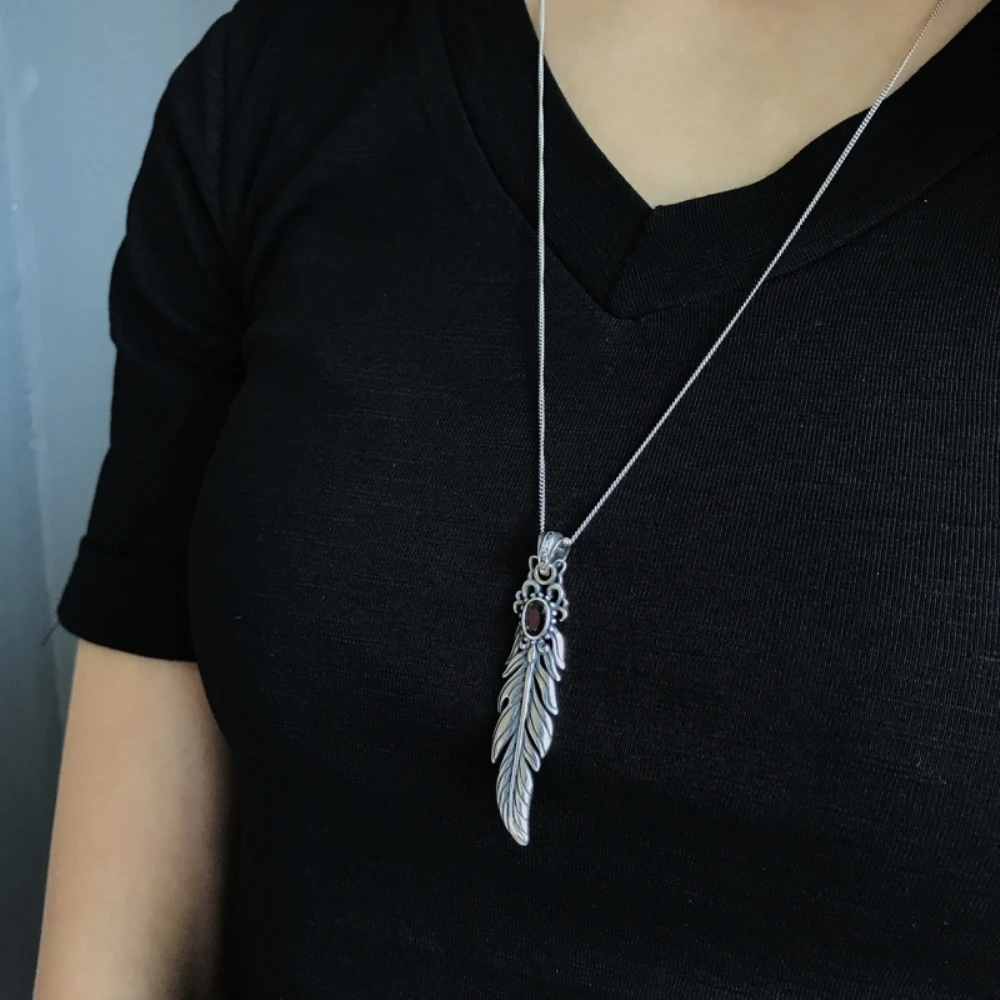 

925 Sterling Silver Handcraft Vintage Feather Pendant Necklace Long Sweater Chain With Black Zircon Boho Statement Necklace