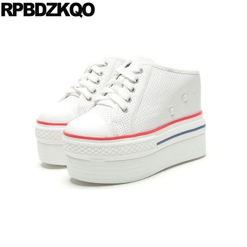 

Harajuku Shoes Increase High Heels Lace Up Casual Women 12cm 5 Inch Mules Slipper Wedge Creepers Hidden Round Platform Pumps