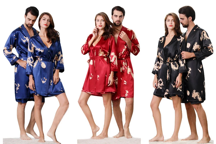 Роскошная дизайнерская пара шелковых халатов с драконом, 5XL, женская одежда для сна, мягкий халат, негабаритный Атласный халат, мужская летняя домашняя одежда
