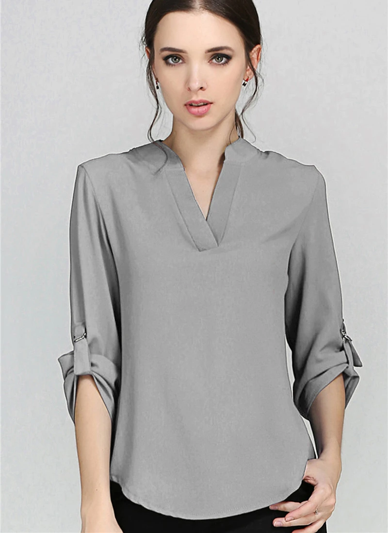 Blusas de raso para mujer de verano, Camisa lisa de cuello de pico camisa de manga larga mujer, blusa de moda otoño de talla grande|women blouses|women blouse fashionwomen