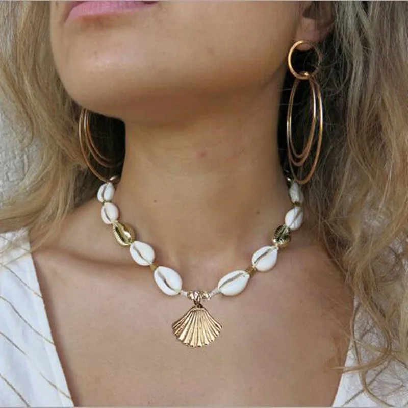 

New Exaggerated White Gold Color Cowrie Shell Choker Necklace Women Geometric Sector Metal Pendant Necklace Statement Collar