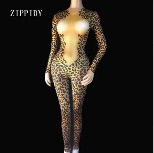 

Fashion Rhinestones Leopard Large Stretch Sexy Bodysuit Women's Stage Costume One-piece Printed Skinny Crystals