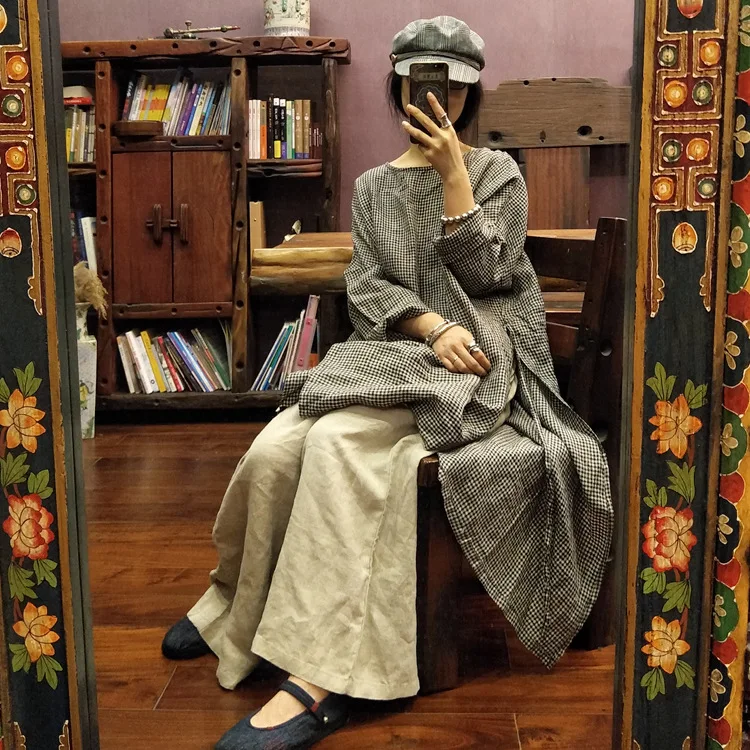 

Women Linen Plaid Robes Tops Ladies Long T-shirt Female Vintage Flax Plaid Long Tees Shirt 2019 Summer Washed T shirt