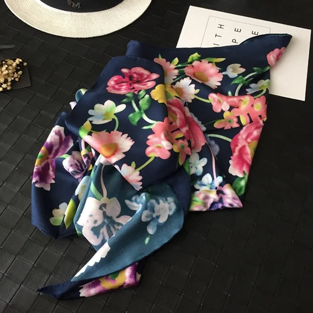 Navy Blue Flowers Prints Large Square 100 Silk Scarf Shawl Wraps Women