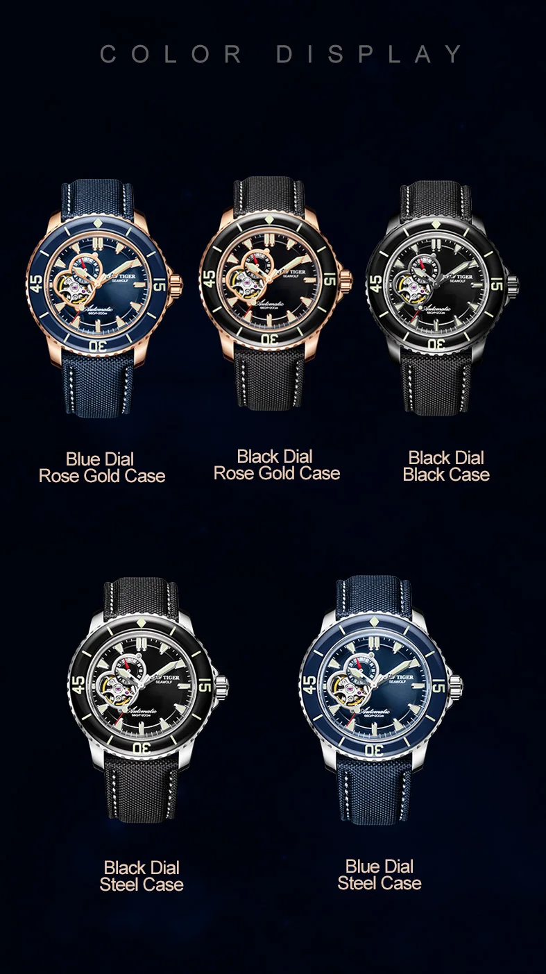 Риф Тигр/RT погружения спортивные часы для мужчин 200 м водостойкие часы синий кожаный ремешок супер световой часы RGA3039-PLBC