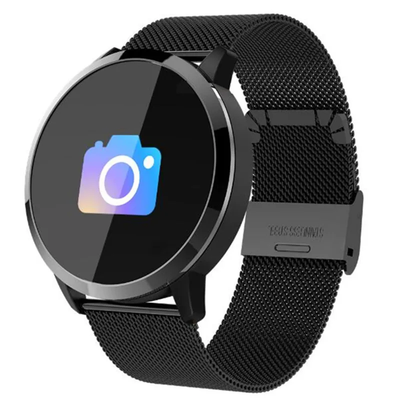 Водонепроницаемый Bluetooth Smartwatch пульсометр монитор Браслет спортивный напоминание на запястье Смарт стальная лента для часов - Цвет: Черный