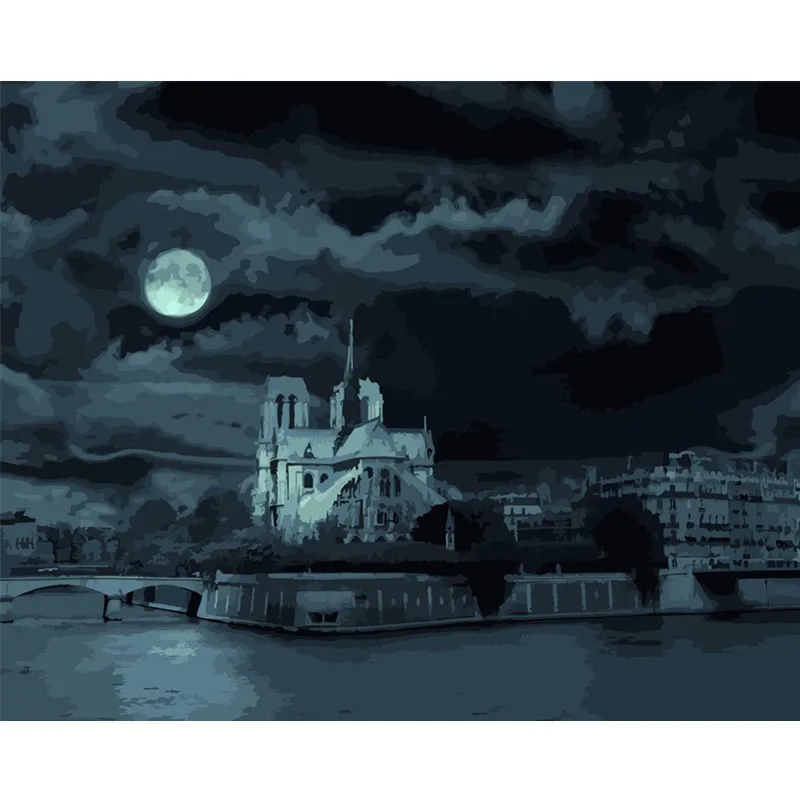 

Painting By Numbers DIY Dropshipping 40x50 50x65cm Moonlight Notre Dame Landscape Canvas Wedding Decoration Art picture Gift