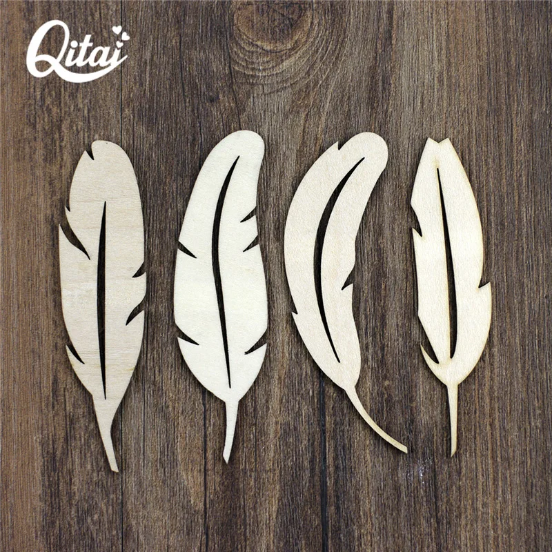 QITAI 48 шт./лот деревянные ремесла с красивыми перьями DIY скапбукинг фанера