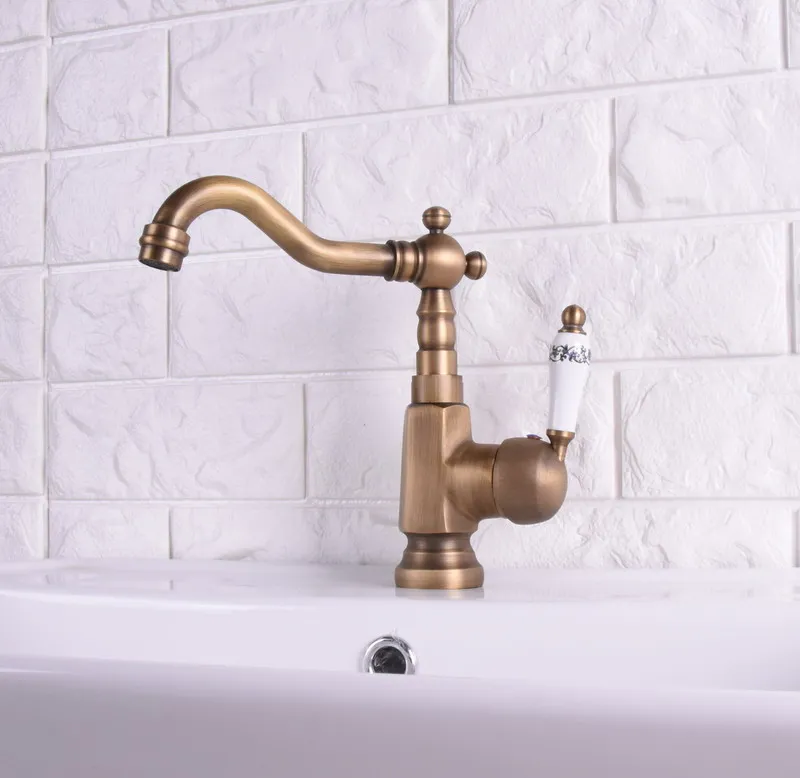 Vintage Retro Antique Brass Single Handle One Hole Bathroom Kitchen Basin Sink Faucet Mixer Tap Swivel Spout Deck Mounted msf115