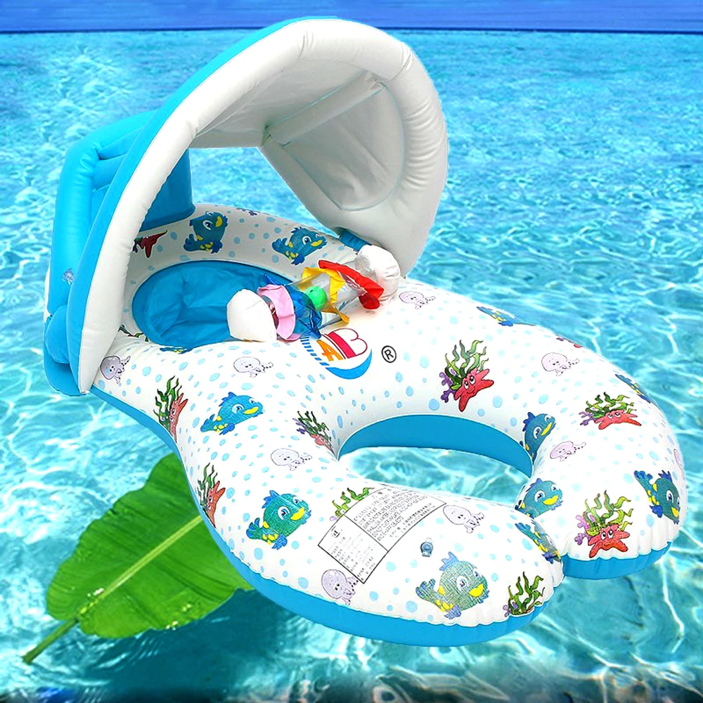 

Inflatable Baby Pool Float Neck Ring With Subshade Mother Children Swim Circle Inflatable Safety Swimming Ring Float Seat