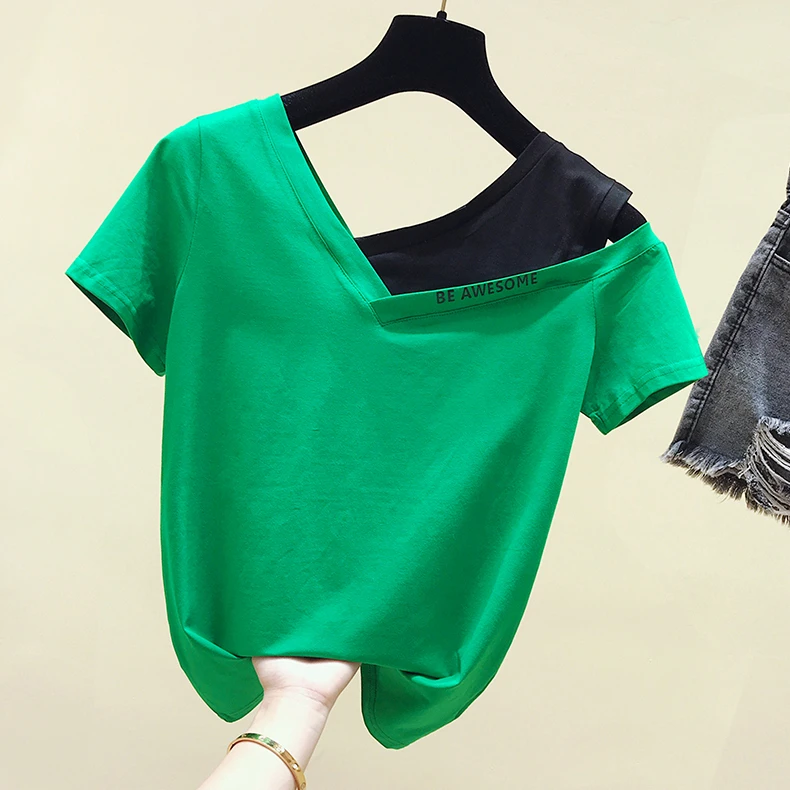 

T-shirt Short Sleeves 2019 New Korean Skinny Pure Cotton Leaky Shoulder T-shirts Girls Ladies Sexy Top Basic Shirts Tee Tees