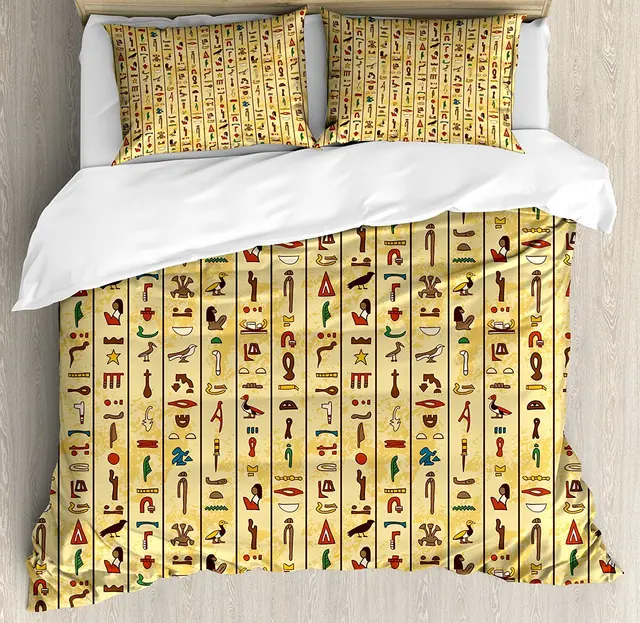 Egyptian Duvet Cover Set Colorful Ancient Hieroglyphics on Papyrus Old