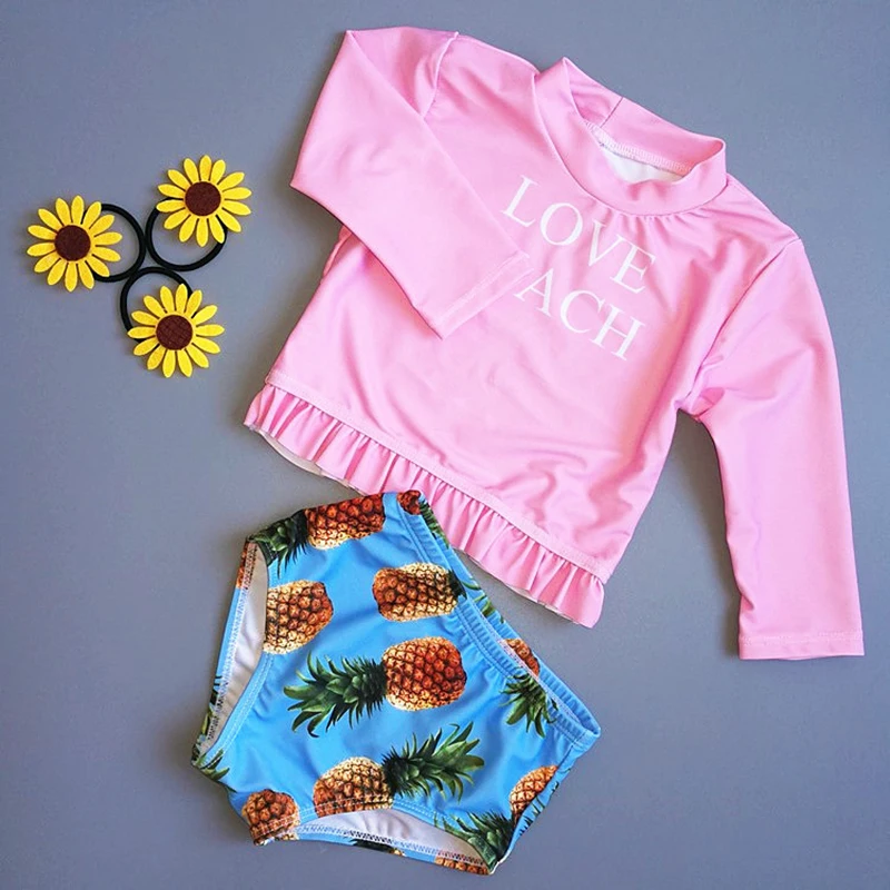 

2018 New Pineapple Letter Pattern Children Swimsuits Baby Girls Two Pieces Long-sleeved Bikini Swimwear Infant Bathing Swim Suit