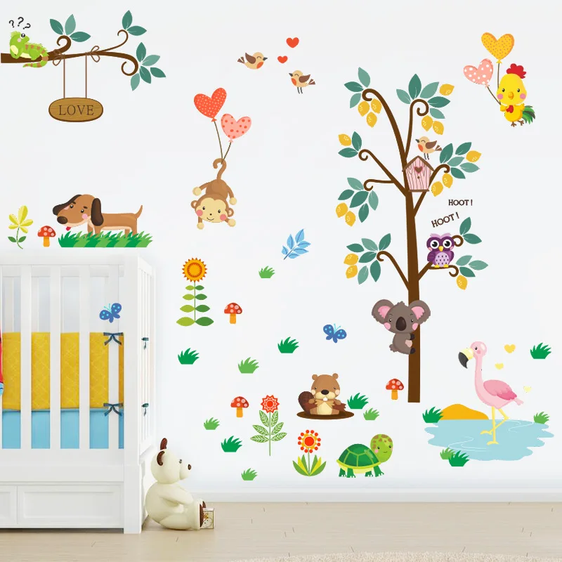 Wall Stickers Nursery Baby Jungle Animal Owls Monkey Tree For Kids Room Decor 