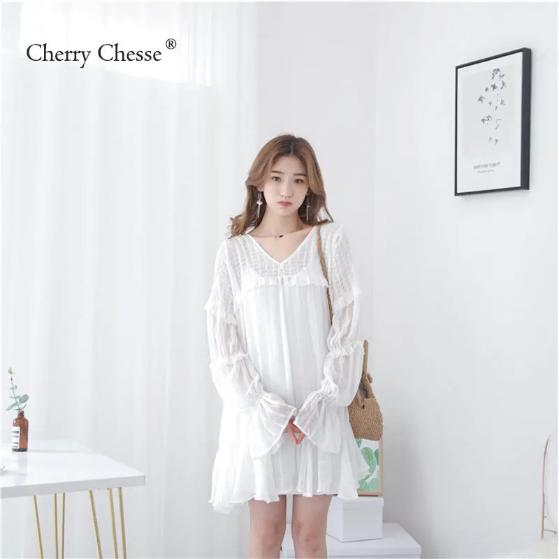 Cherry Chesse 2018 белый Свободные Sheer платье с оборками шифоновые платья Для женщин