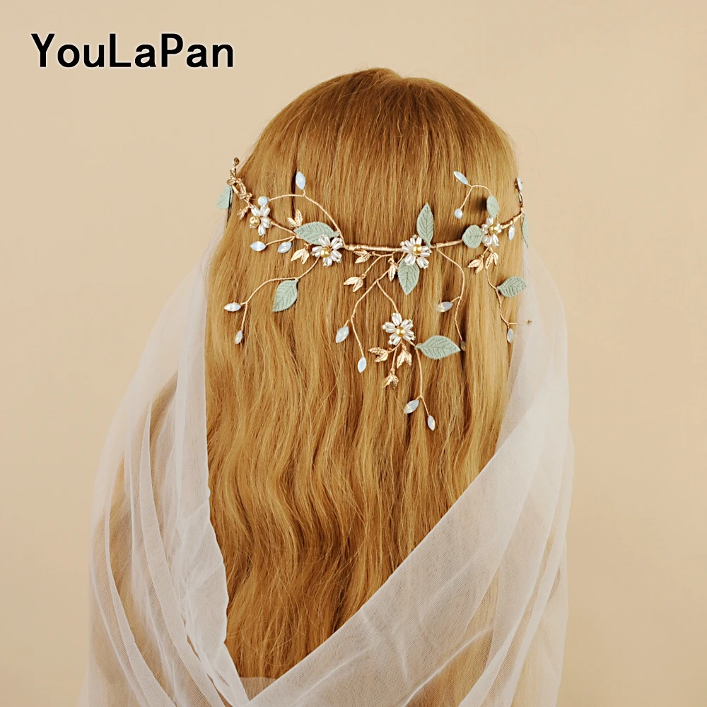Youlapan HP203 свадебное украшение на голову молока горный хрусталь с цветами и зелеными листьями свадебные головные уборы для волос для выпускного вечера, для дня рождения, вечерние