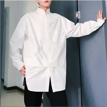 

Spring summer new Korean style solid color long sleeve men shirts streetwear casual high quality fake two piece homme shirts