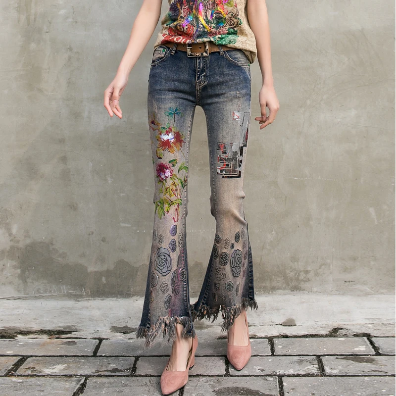 Новые летние модные джинсы для женщин окрашены стрейч печатных Тощий кисточкой расклешенные джинсы