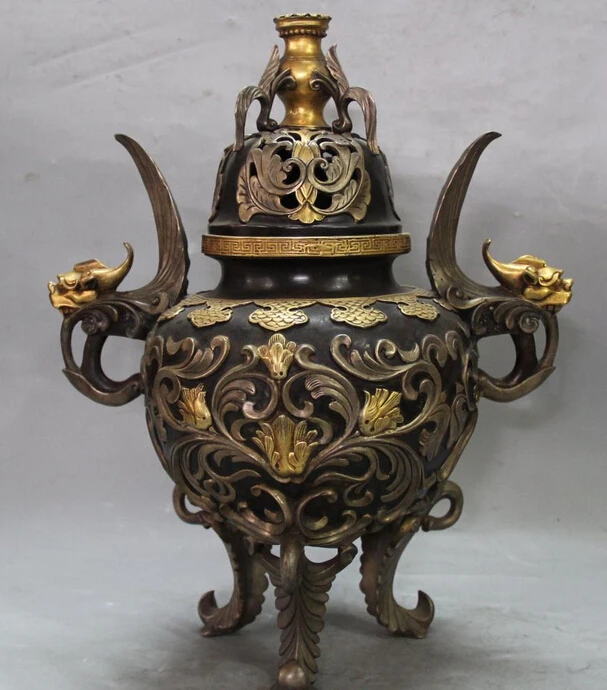 

xd 002513 12" Marked China Purple Bronze 24K Gold Pure Silver Dragon Incense Burner Censer