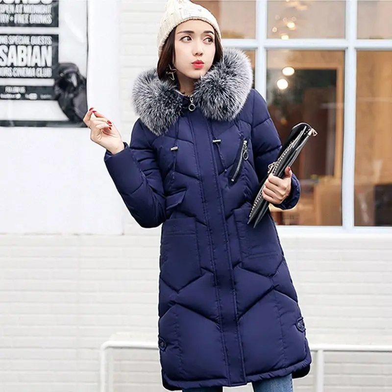 Модные Повседневные парки размера плюс, Женское зимнее пальто, куртки с большим воротником из искусственного меха, толстое теплое пальто с хлопковой подкладкой для женщин LJ0531 - Цвет: navy blue
