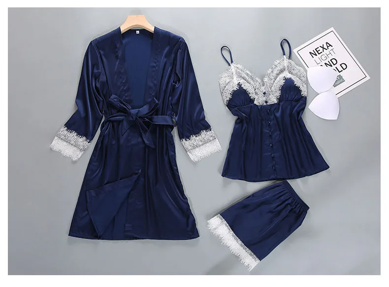 Queenral 3PCS Pajama Sets Women's Sleep Lounge Sleepwear Spring Sexy V-neck Nightwear Satin Silk Long Sleeve Home Wear Female   3