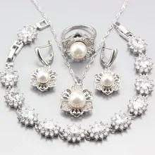Серебро 925 Свадебные Ювелирные наборы натуральный пресноводный жемчуг Белый CZ серьги/ожерелье/кулон/браслет/кольцо для женщин